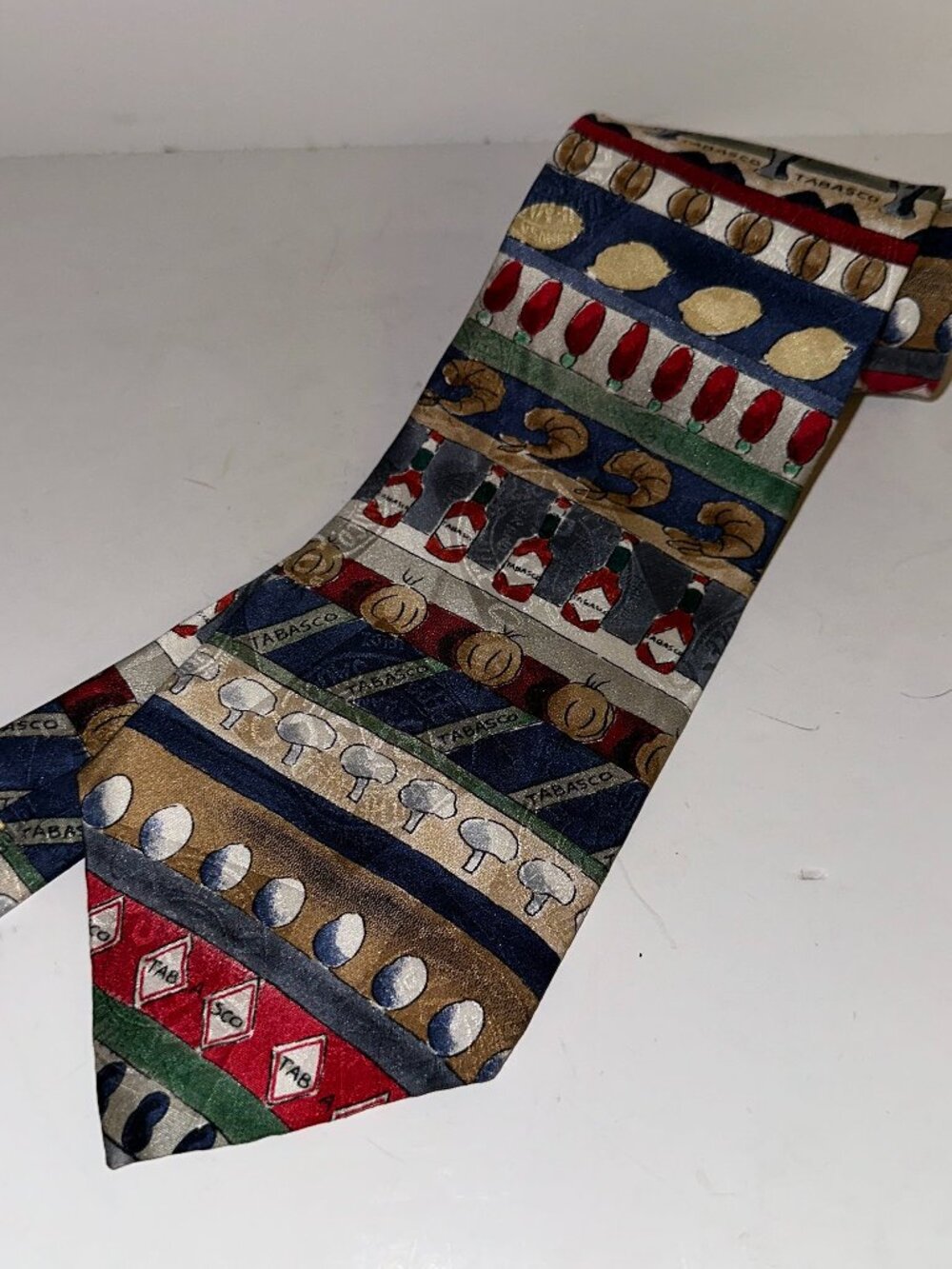 Tabasco Tie 100% Silk Novelty Necktie Vintage Made In USA Mushrooms Shrimp etc
